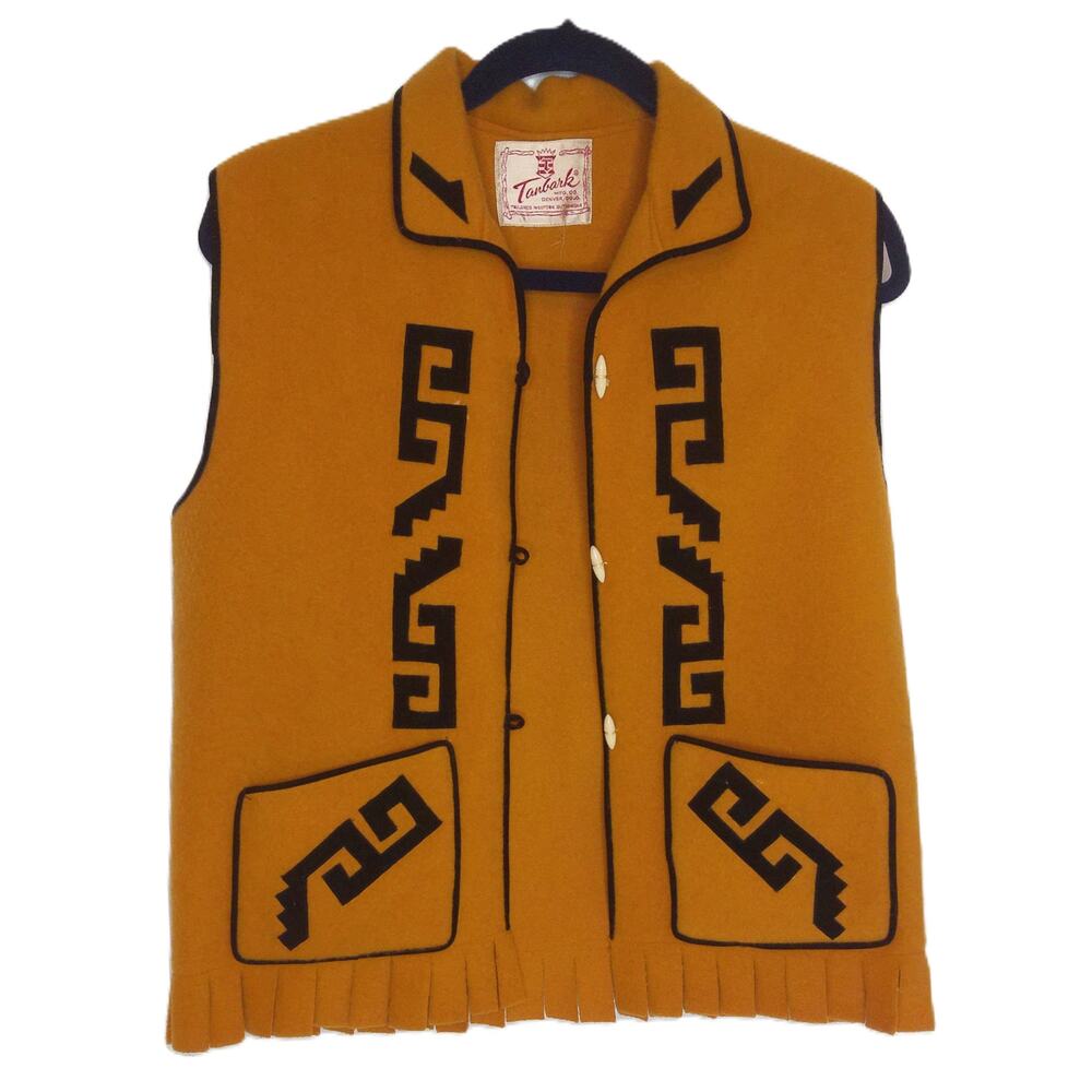 Vintage Tanbark Western Wool Felt Vest Yellow Black Applique Fringe Rockabilly